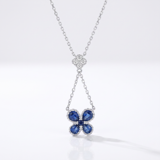 14K White Gold Sapphire & Diamond Clover Pendant Necklace