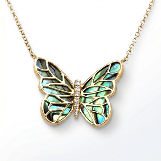 14K Yellow Gold Abalone & Diamond Butterfly Pendant with Chain
