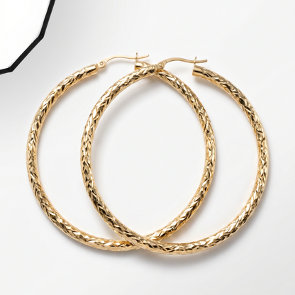 14K Yellow Gold Diamond Cut Extra Large Hoop Earrings 2.25"