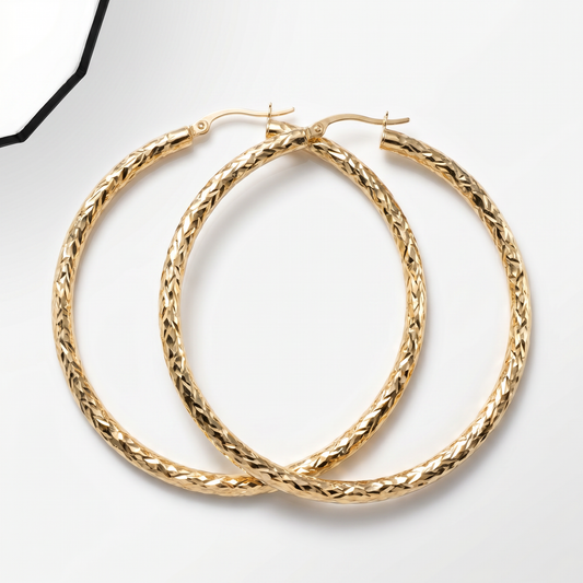 14K Yellow Gold Diamond Cut Extra Large Hoop Earrings 2.25"