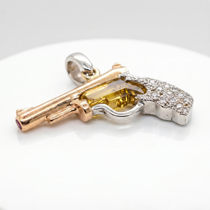 14K One of a Kind Diamond Pistol Pendant with Ruby