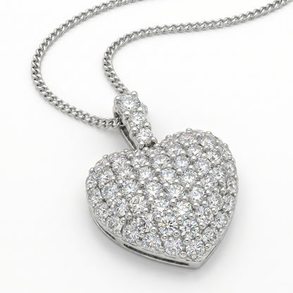 18K White Gold Pave Diamond Heart Pendant - 1.37ctw, 16" Chain