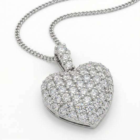18K White Gold Pave Diamond Heart Pendant - 1.37ctw, 16" Chain
