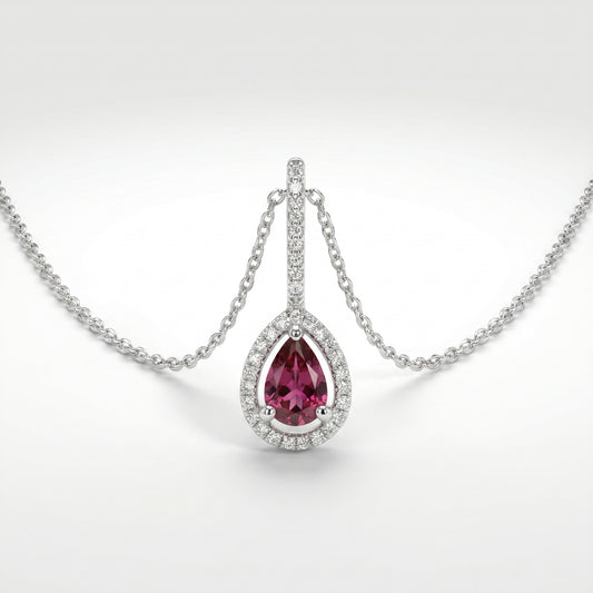 14K White Gold Rhodolite Garnet & Diamond Halo Pendant