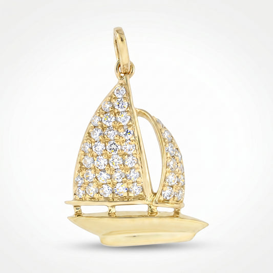 14K Yellow Gold Diamond Sailboat Pendant 0.33ct Pave