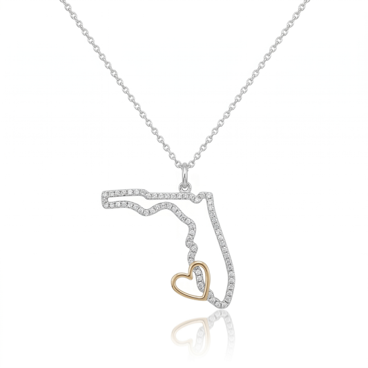 14K White Gold Diamond Florida #SWFLStrong Pendant - With Yellow Gold Heart
