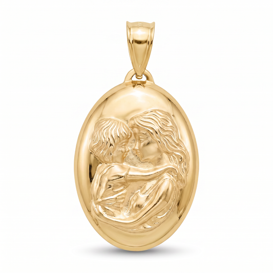 14K Yellow Gold Mother & Child Oval Charm Pendant 26mm