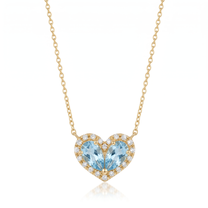 14K Yellow Gold Blue Topaz Diamond Heart Pendant with 18" Chain