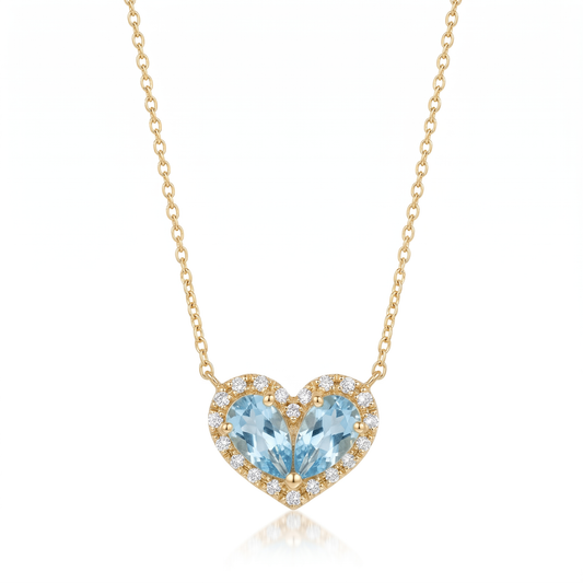 14K Yellow Gold Blue Topaz Diamond Heart Pendant with 18" Chain