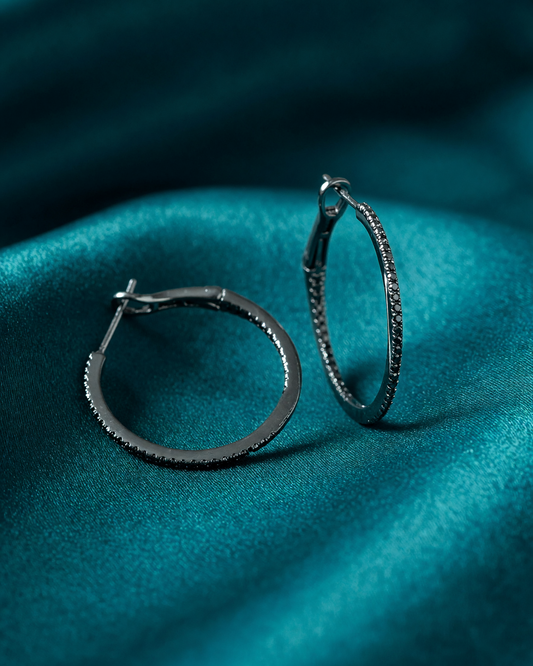 14K White Gold Black Diamond Inside Out Hoop Earrings