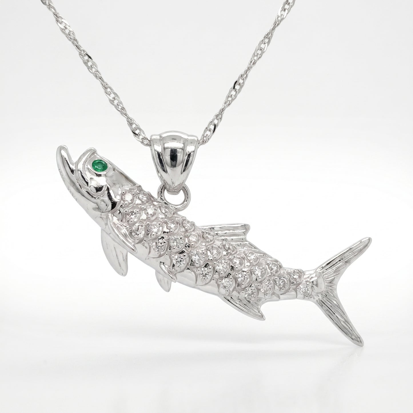 14K White Gold Reversible Diamond Tarpon Pendant with Emeralds