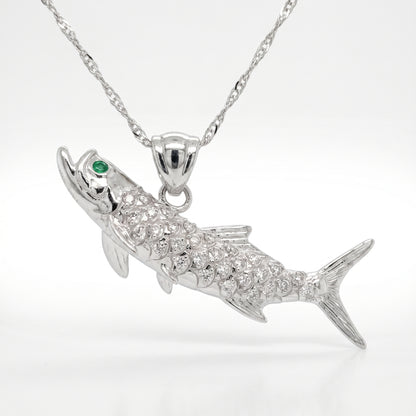 14K White Gold Reversible Diamond Tarpon Pendant with Emeralds