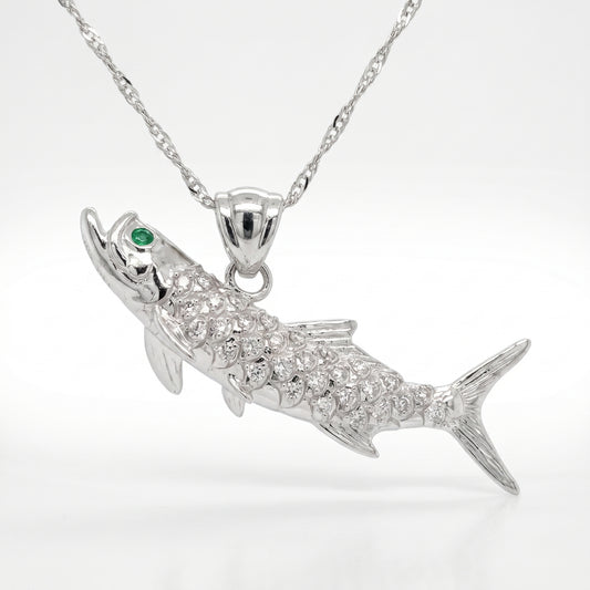 14K White Gold Reversible Diamond Tarpon Pendant with Emeralds