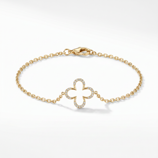 14K Yellow Gold Diamond Clover Charm Bracelet - 7.5"