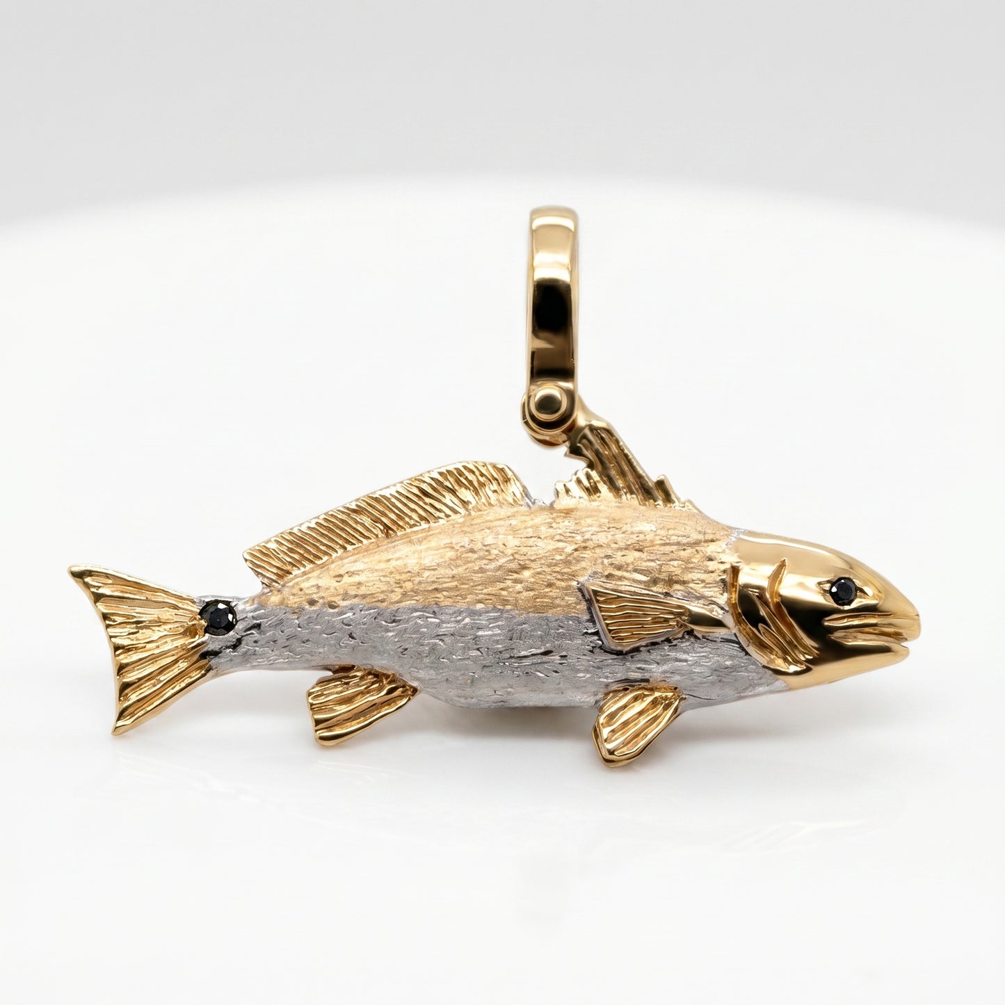 14K Two-Tone Redfish Charm Pendant with Black Diamond