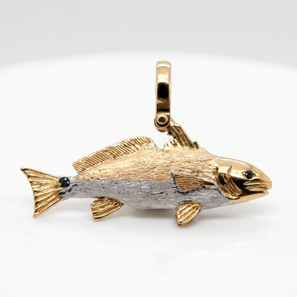 14K Two-Tone Redfish Charm Pendant with Black Diamond