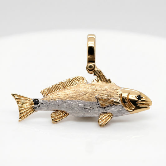 14K Two-Tone Redfish Charm Pendant with Black Diamond