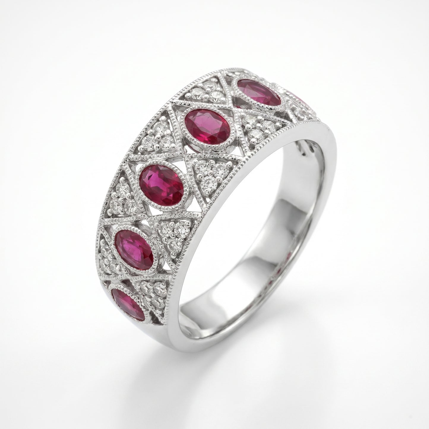 18K White Gold Ruby & Diamond Band Ring - Size 6.5