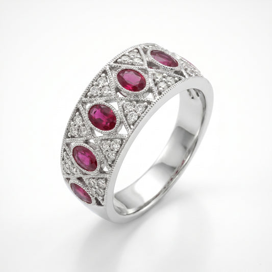 18K White Gold Ruby & Diamond Band Ring - Size 6.5