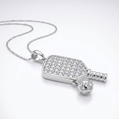 Sterling Silver Cubic Zirconia Pickleball Paddle Pendant