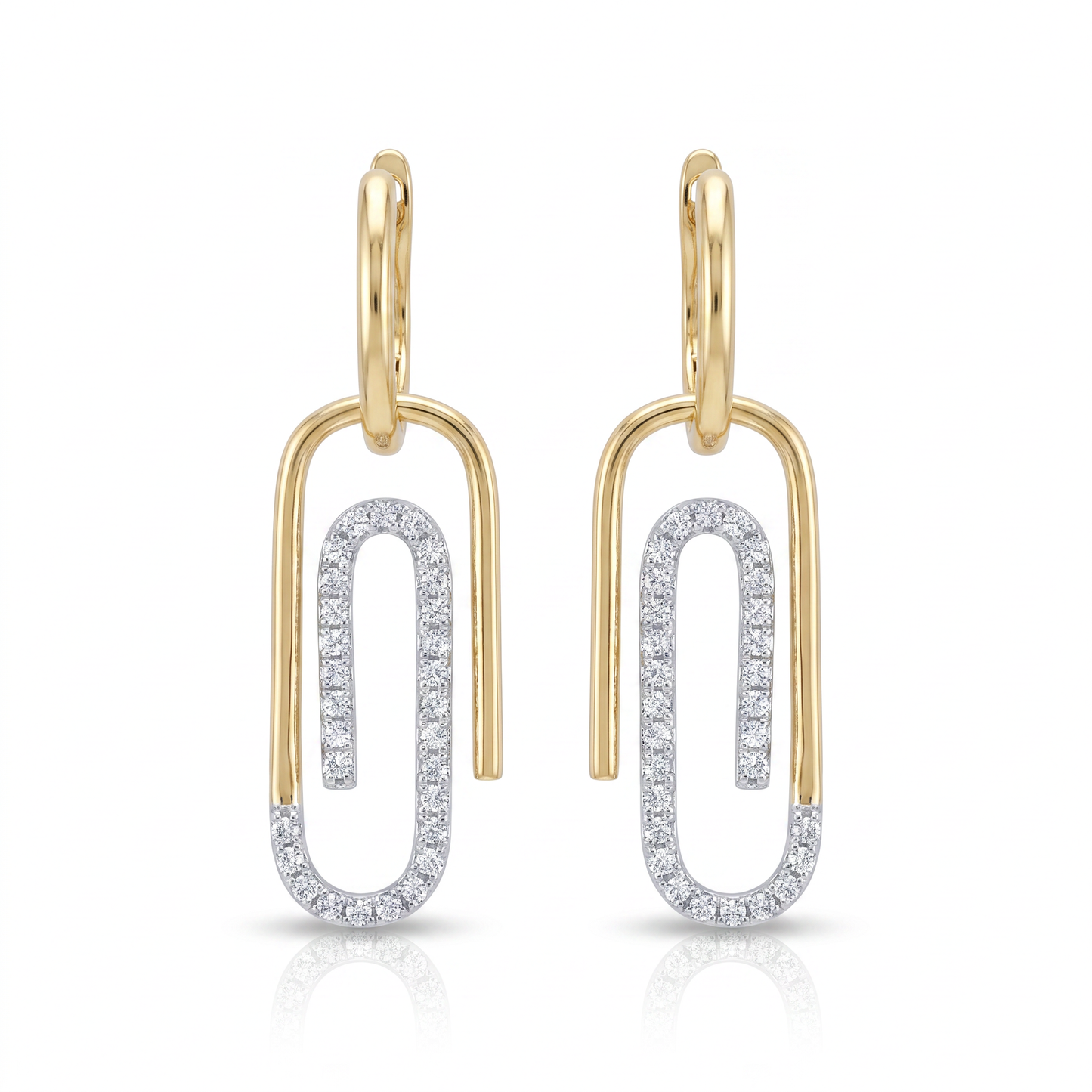 14K Yellow & White Gold Diamond Paperclip Huggie Earrings