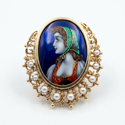 14K Yellow Gold French Hand Painted Cameo Brooch, Victorian Era