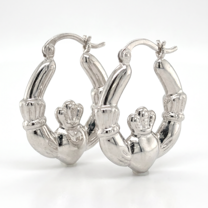 14K White Gold Claddagh Hoop Earrings - 20mm