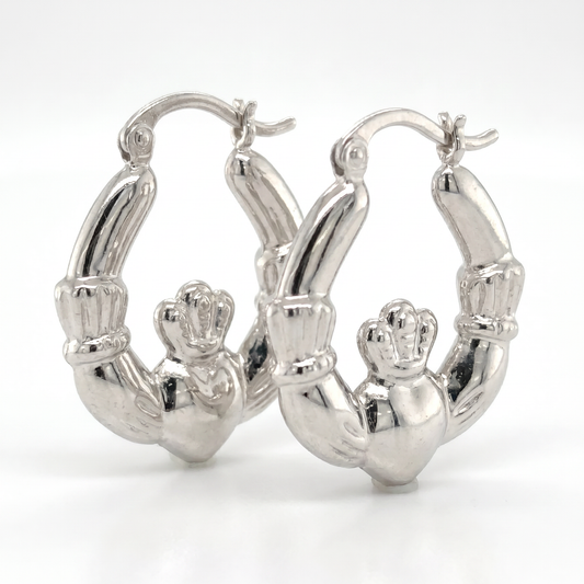 14K White Gold Claddagh Hoop Earrings - 20mm