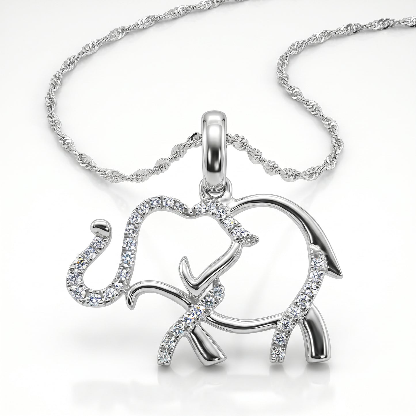 14K White Gold Diamond Elephant Pendant with 18" Chain