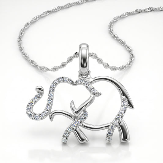 14K White Gold Diamond Elephant Pendant with 18" Chain