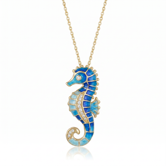 14K Yellow Gold Enamel & Diamond Seahorse Pendant