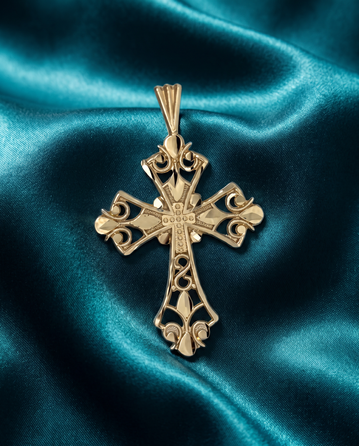 14K Yellow Gold Fancy Diamond Cut Cross Charm Pendant