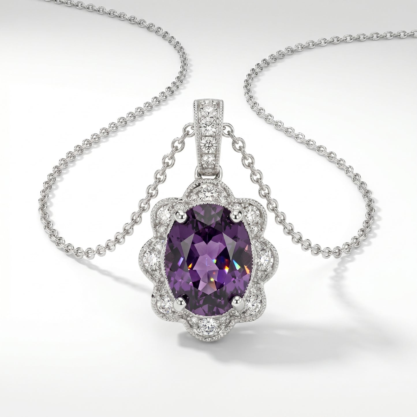 18K White Gold Purple Spinel & Diamond Pendant Necklace
