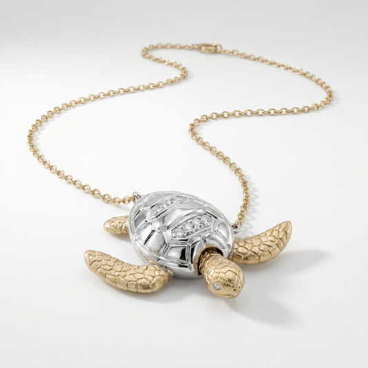 14K Yellow & White Gold Diamond Sea Turtle Pendant w/ Chain