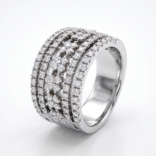 14K White Gold 6 Row Diamond Band Ring - 0.96ctw