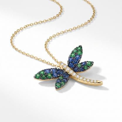 14K Yellow Gold Dragonfly Pendant with Sapphires, Garnets & Diamonds