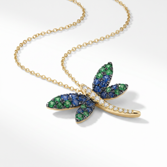14K Yellow Gold Dragonfly Pendant with Sapphires, Garnets & Diamonds