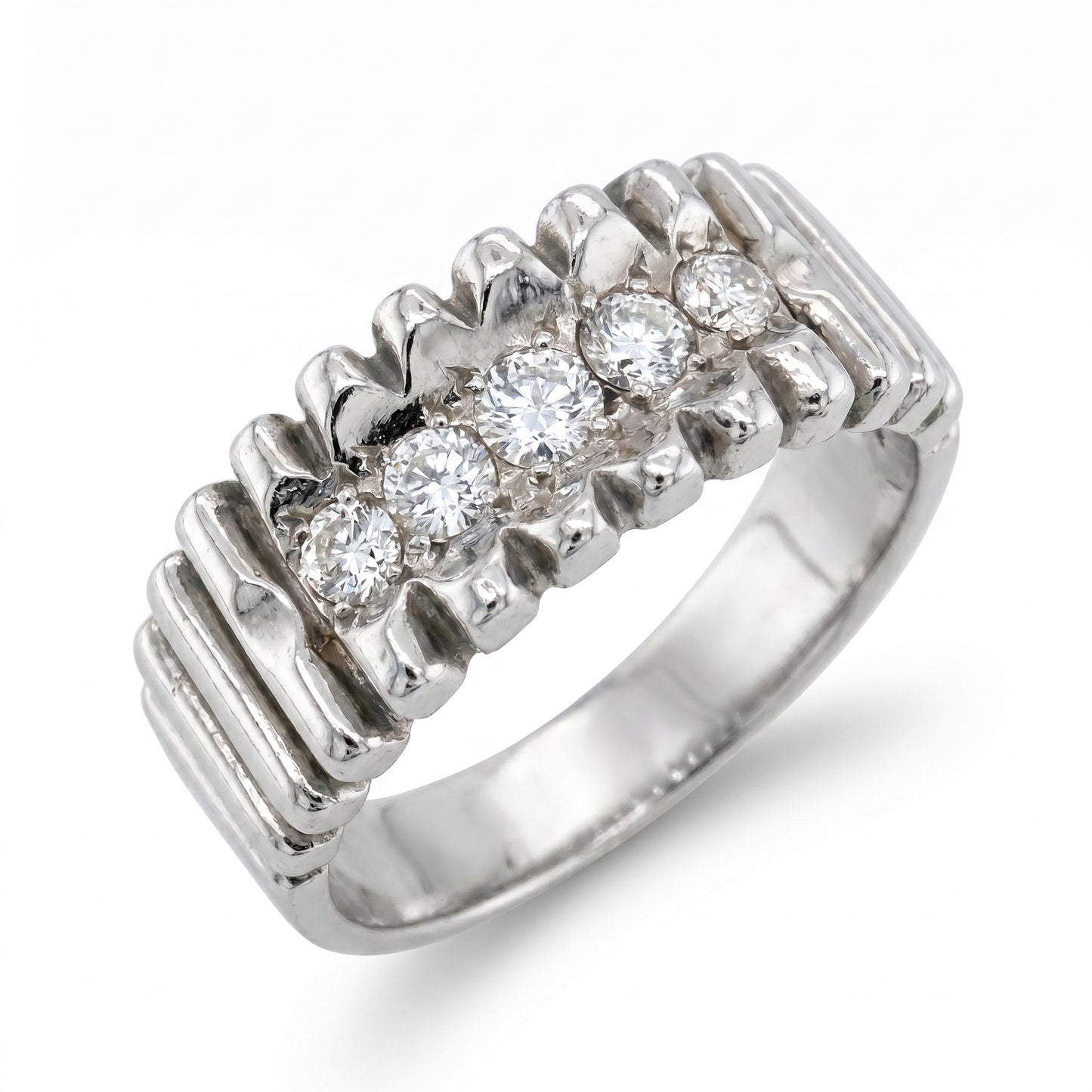 14K White Gold Diamond Wedding Band - Ribbed Gents Ring Size 10