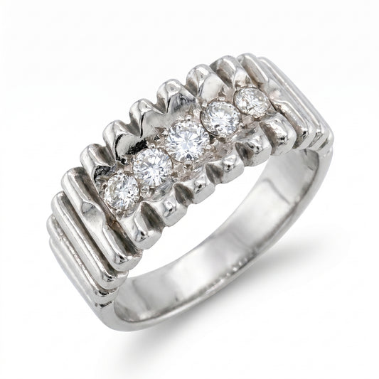 14K White Gold Diamond Wedding Band - Ribbed Gents Ring Size 10