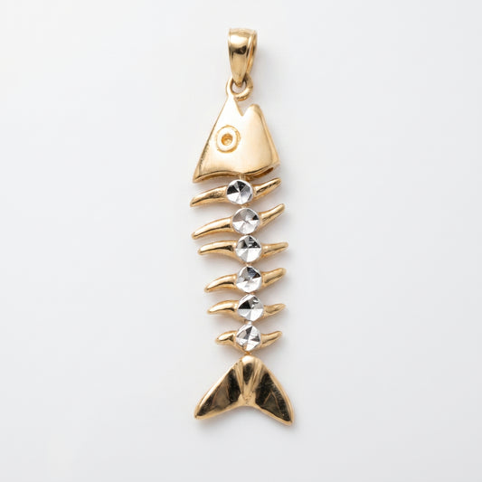 14K Two-Tone Bonefish Skeleton Fish Pendant - 1.5"