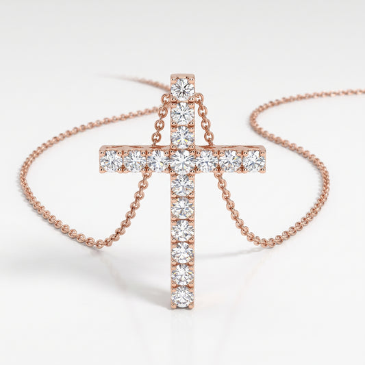 14K Rose Gold Diamond Cross Pendant with 18" Chain - 0.63ctw
