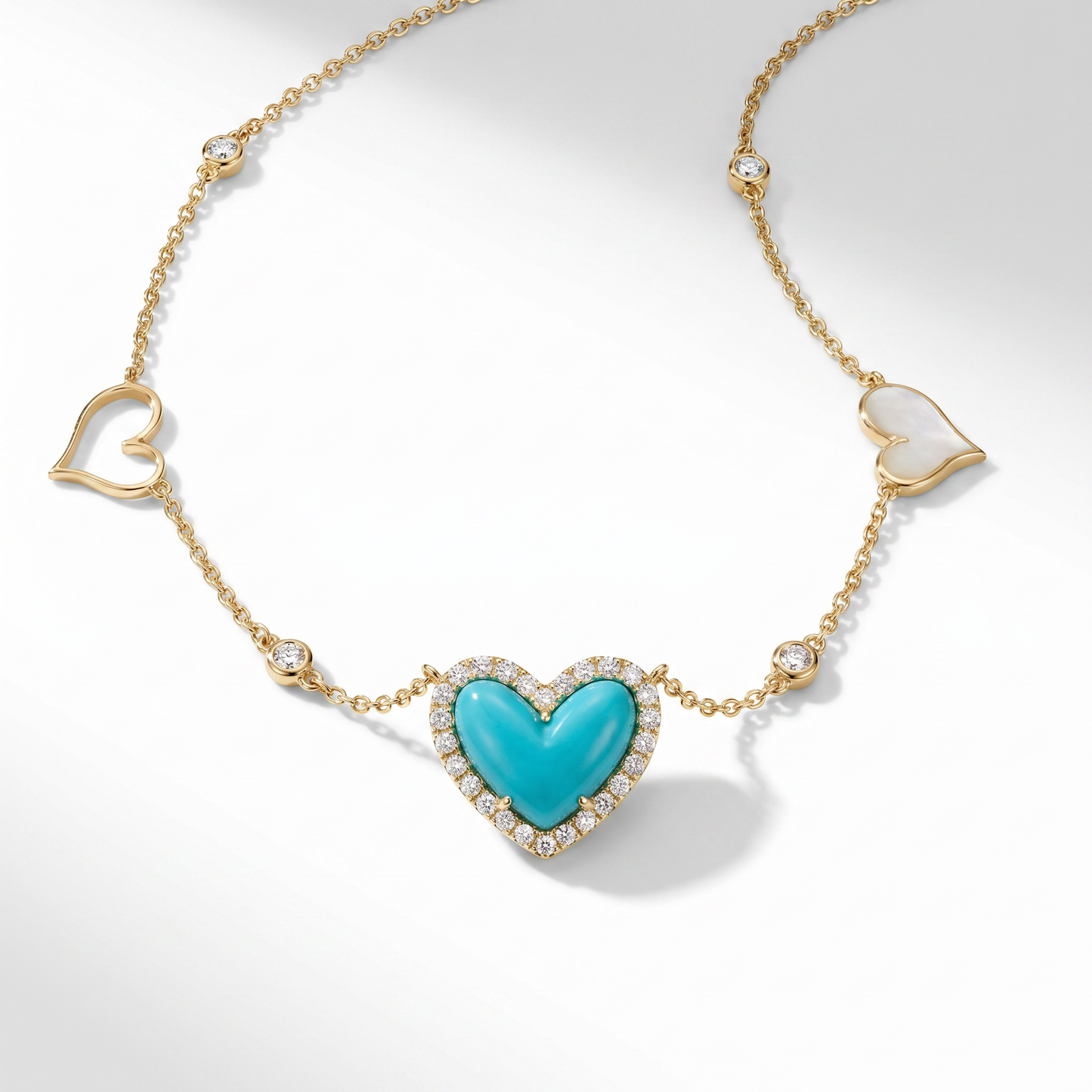 18K Yellow Gold Turquoise Moonstone Diamond Heart Pendant Necklace