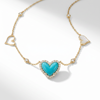18K Yellow Gold Turquoise Moonstone Diamond Heart Pendant Necklace