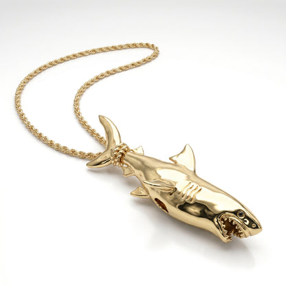 14K Yellow Gold Shark Pendant Charm - 2.5" Dimensional