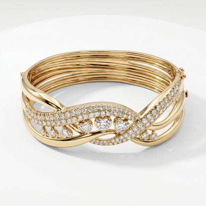 14K Yellow Gold Pave Diamond Heart Bangle Bracelet - 1.83ctw
