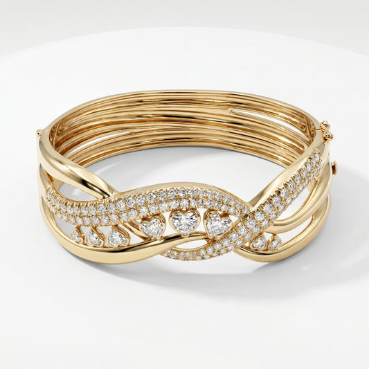 14K Yellow Gold Pave Diamond Heart Bangle Bracelet - 1.83ctw
