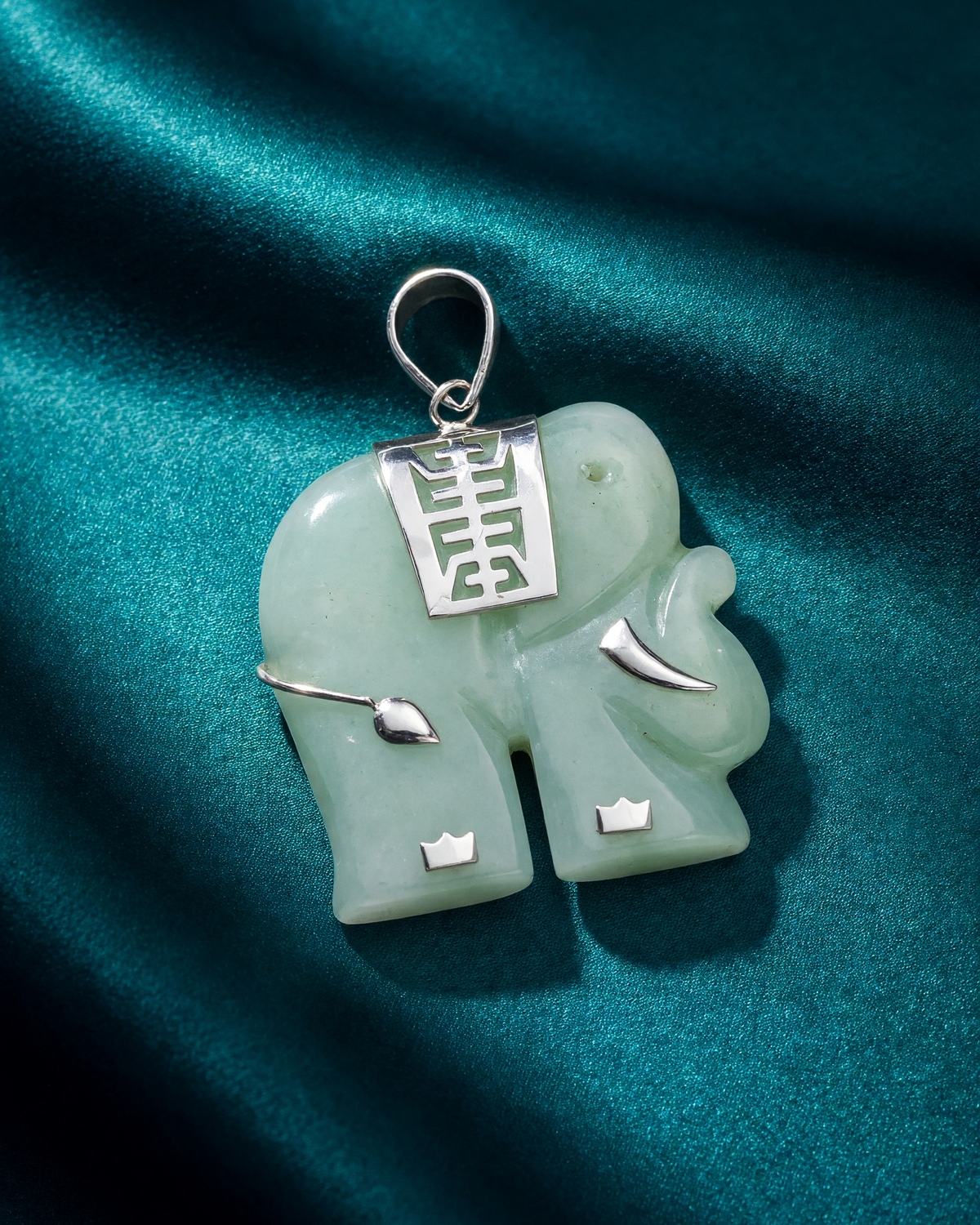 Sterling Silver Pale Green Jade Lucky Elephant Charm Pendant