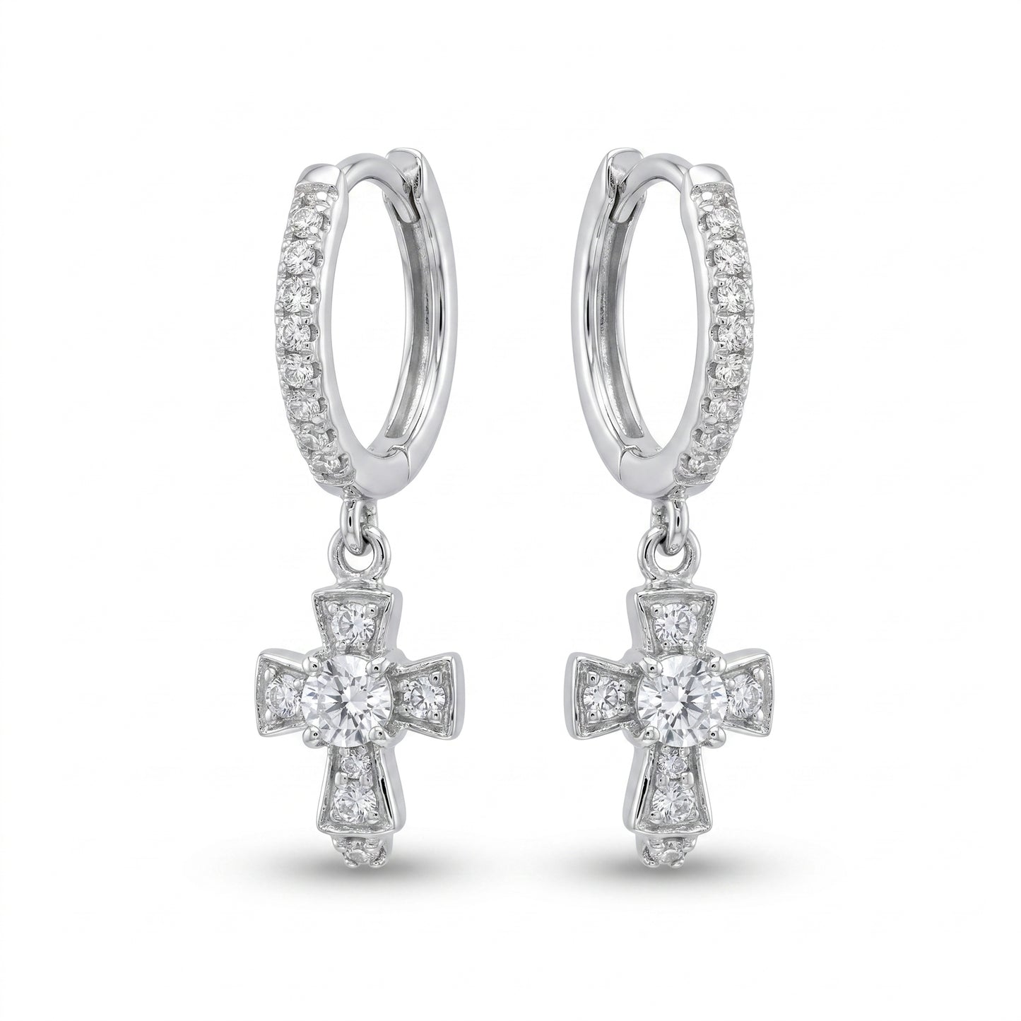 14K White Gold Diamond Cross Huggie Earrings 0.26ctw