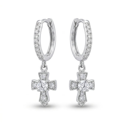 14K White Gold Diamond Cross Huggie Earrings 0.26ctw