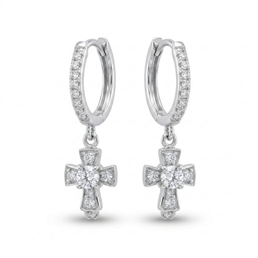 14K White Gold Diamond Cross Huggie Earrings 0.26ctw